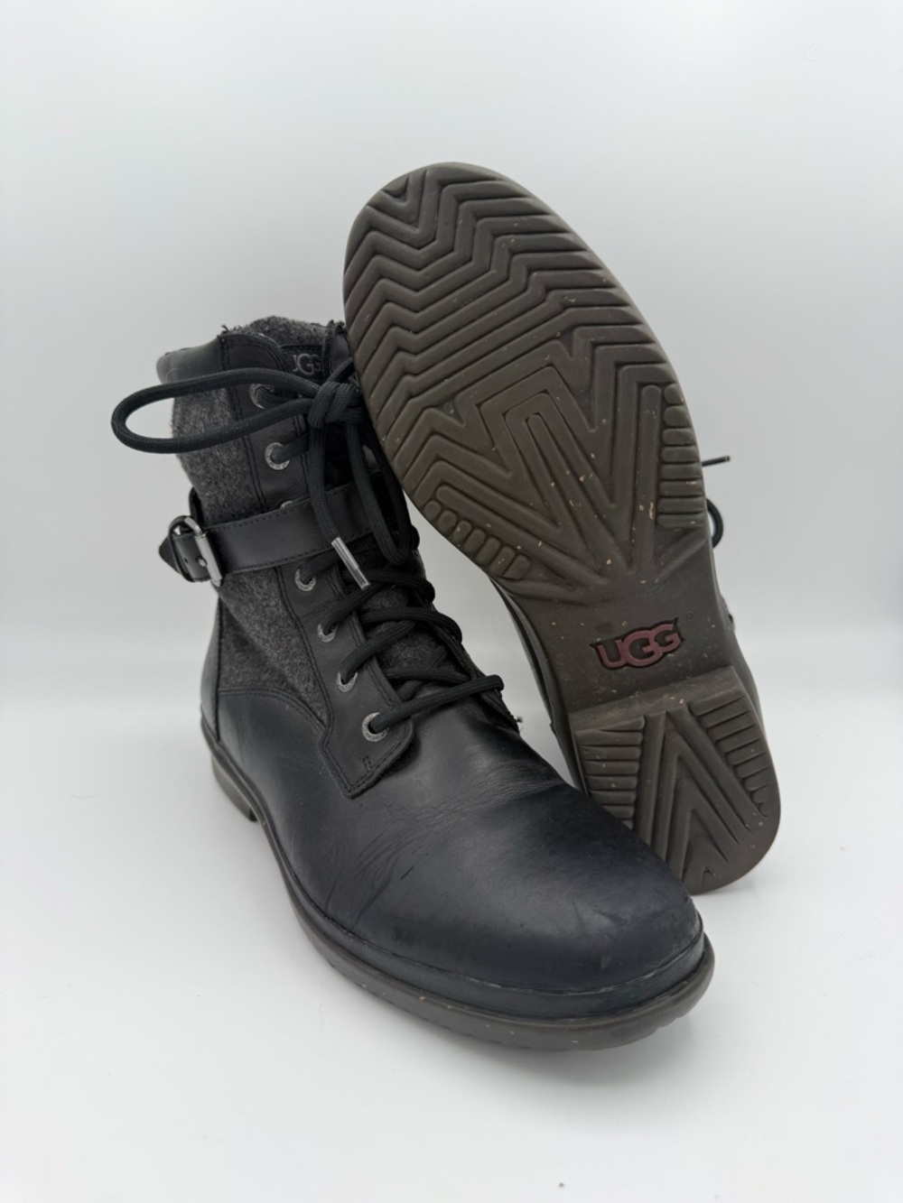 Womens UGG Kesey Black Leather Gray Wool Shaft Waterproof Round Toe Boots Size 9